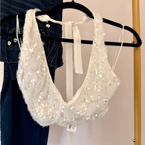 Zara White Sequin Halter Top Open Back Party Top Size M NWT